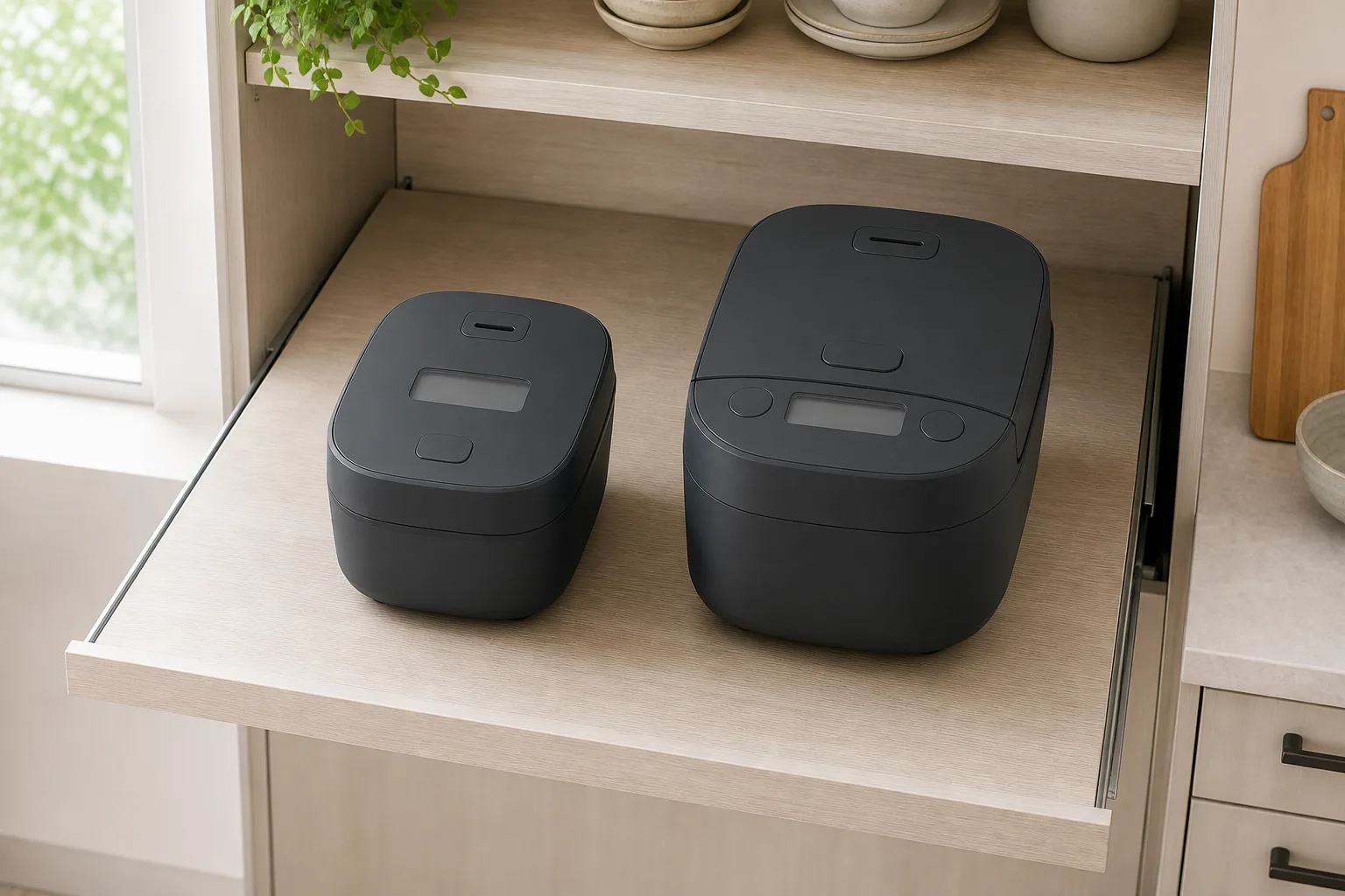置き場所の差: 本体が小さいのはQB10。ただし、ふたを開けると逆転のイメージ画像