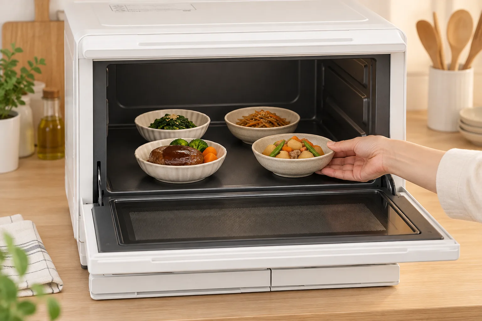 同時あたためは最大2品から最大4品へ: 作り置き・冷凍おかずをまとめて温める家庭に効く差のイメージ画像